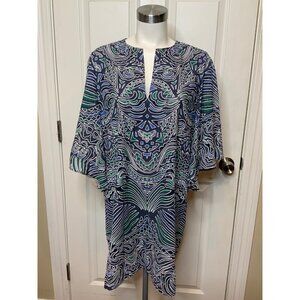 BCBG Max Azria Tati Blue Green Geometric Sheer Cover-Up Tunic, Size XS